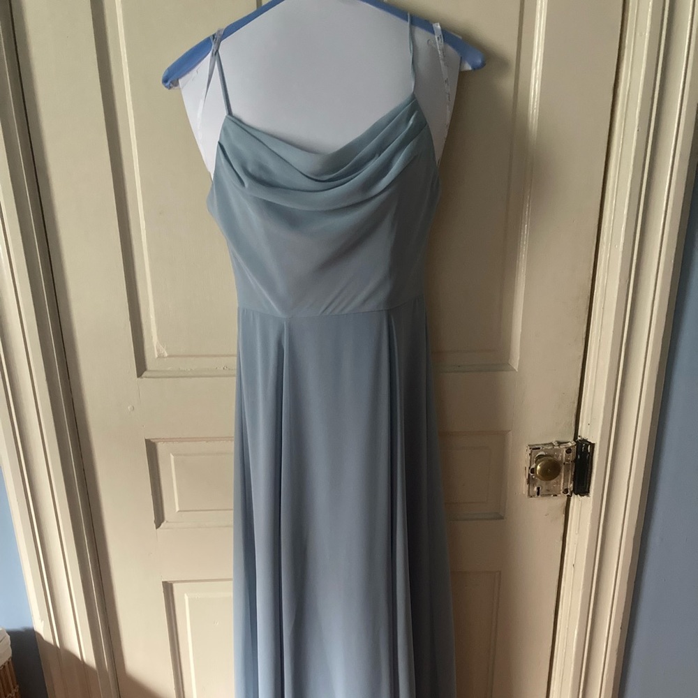 David’s Bridal Chiffon Bridesmaid Dress “dusty blue”, size 2